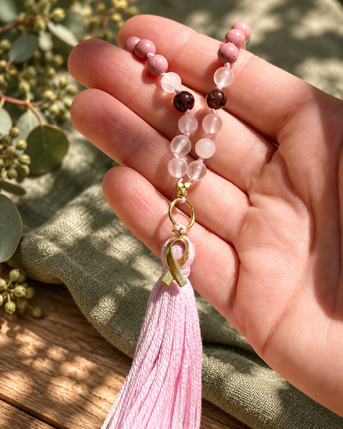 Handgehaltene rosa Mala mit goldener Schleife
