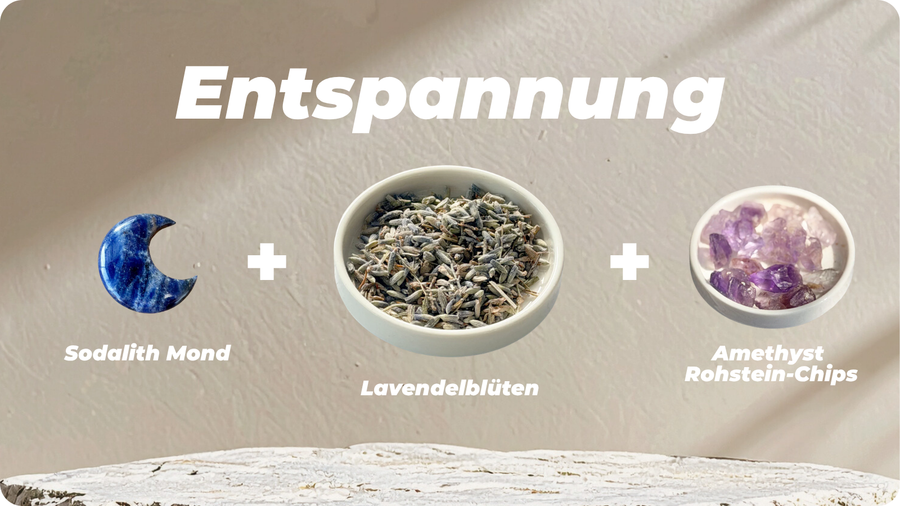 Look Entspannung mit Sodalith Mond, Lavendelblüten und Amethyst Rohstein-Chips