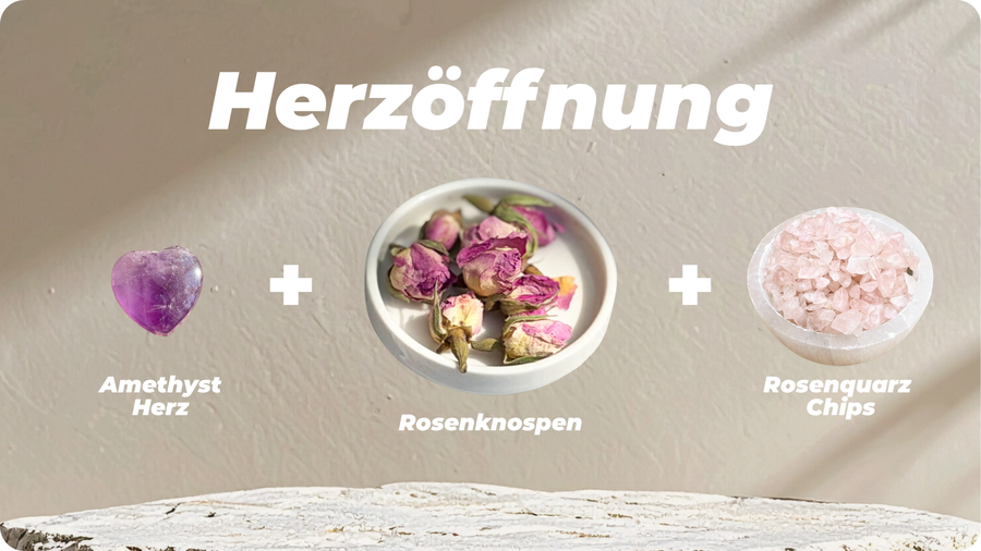 Look Herzöffnung mit Amethyst Herz, Rosenknospen und Rosenquarz Chips