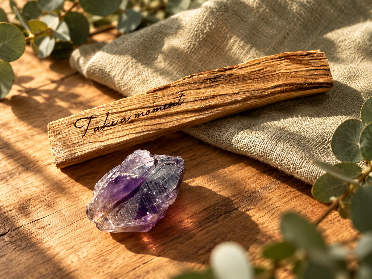 Palo Santo mit Gravur Take a moment und rohem Amethyst