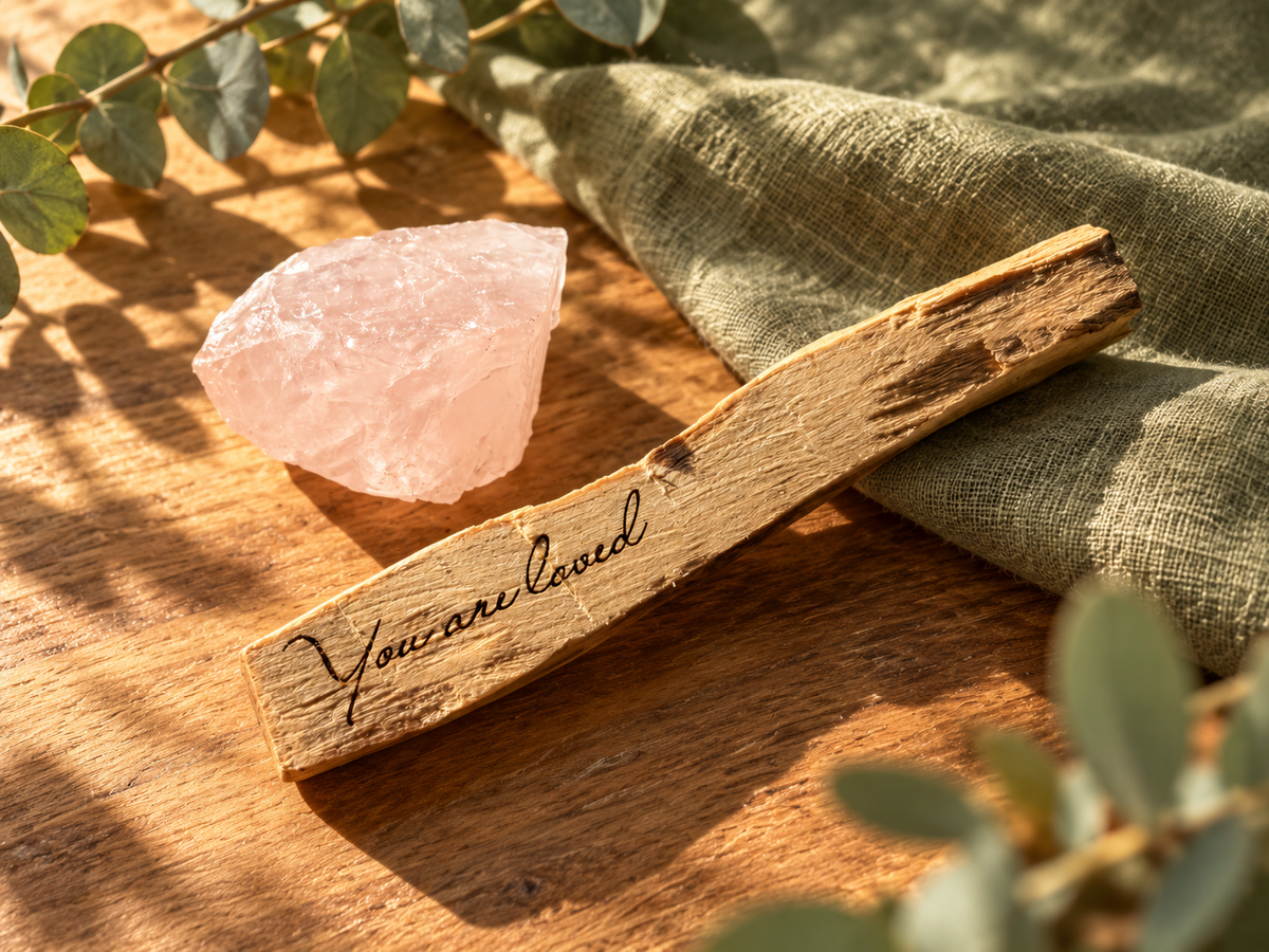 Palo Santo mit Gravur You are loved und Rosenquarz